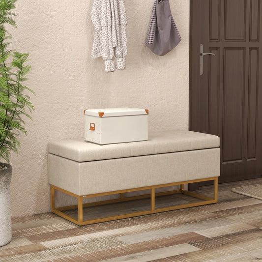Storage Ottoman, Flip Top Upholstered Bench, Linen Fabric, Steel Legs, Beige Storage Ottomans & Benches Beige at Gallery Canada