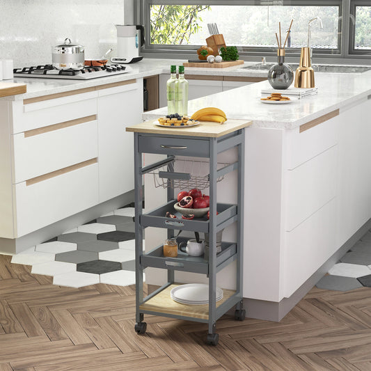 Rolling Kitchen Island Cart, Mobile Storage with Drawer, Wire Basket, Grey Kitchen Islands & Kitchen Carts Grey, Oak at Gallery Canada