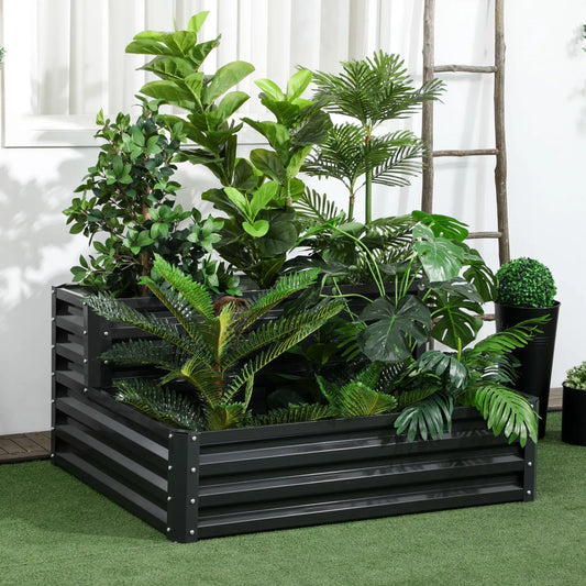 2 Tier Raised Garden Bed, 47" x 40" x 23", Galvanized Steel, Dark Grey Galvanized Planter Boxes Dark Grey at Gallery Canada