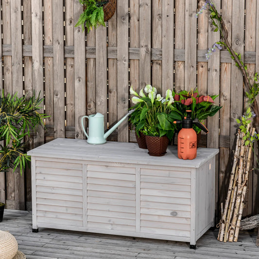 75 Gallon Wooden Storage Box, Patio Deck Bench, Outdoor Garden Container, Grey Patio Storage Boxes Grey at Gallery Canada