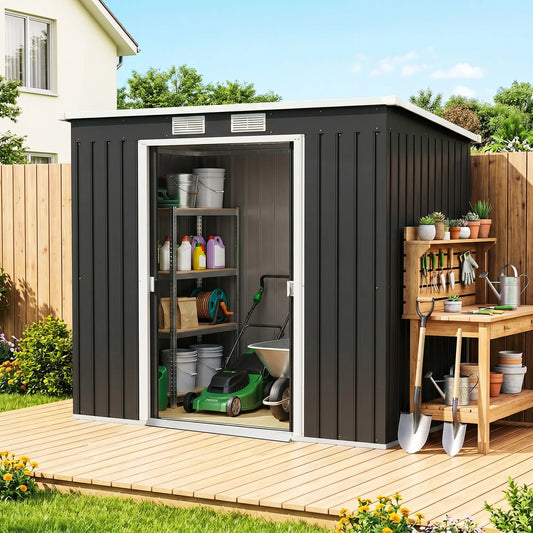 7 x 4ft Galvanised Steel Garden Shed, Foundation Kit, Dark Grey Sheds Dark Grey at Gallery Canada