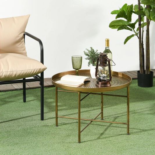 Vintage Coffee Table for Living Room, 24" Round Center Table with Hammered Tray Top and Metal Frame, Gold Coffee Tables Gold at Gallery Canada