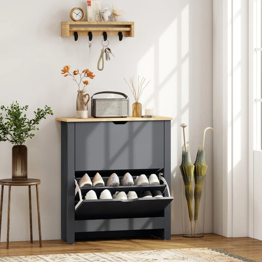 Shoe Storage Cabinet, 2 Flip Drawers, Adjustable Shelves, 12 Pairs, Dark Grey Shoe Storage Cabinets & Racks Dark Grey, Natural Wood at Gallery Canada