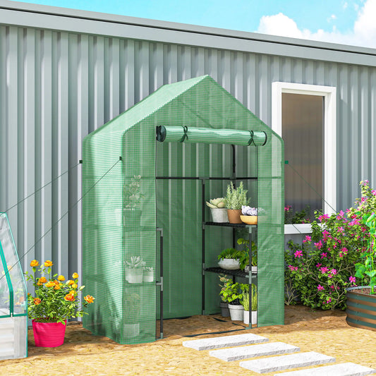 3-Tier Mini Greenhouse, 4 Shelves, Roll-Up Door, 56" x 29" x 77", Green Walk In Greenhouses Dark Green at Gallery Canada