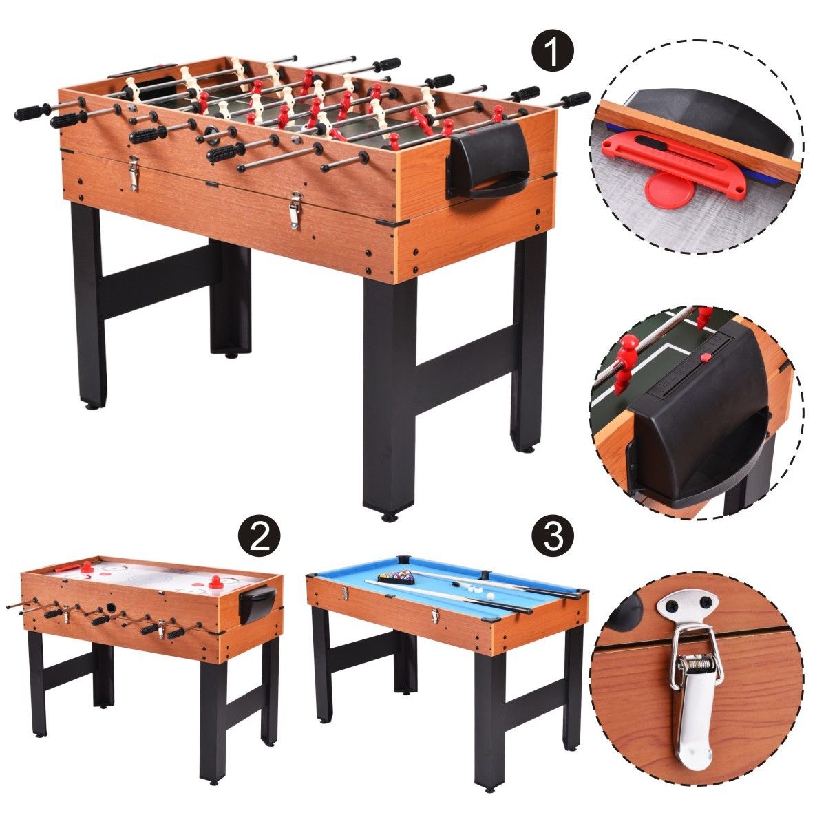 48" 3-in-1 Football, Billiards, Hockey Game Table