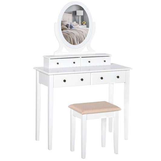 Vanity Dressing Table with 360° Rotating Mirror and Cushioned Stool, Makeup Desk Dresser with 4 Drawers, White - Gallery Canada