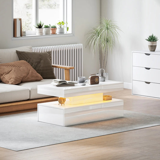 LED Coffee Table, 2 Drawers, Open Shelf, High Gloss White, White Coffee Tables High Gloss White at Gallery Canada