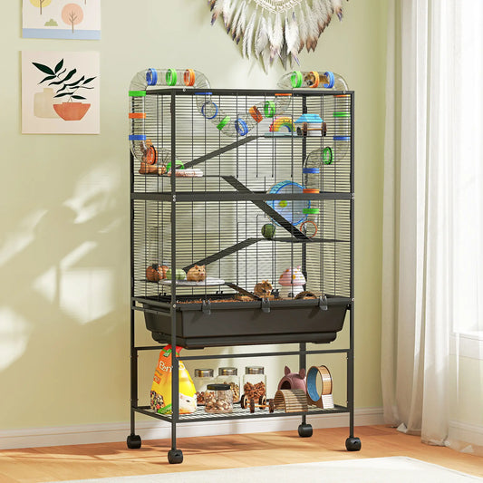 5 Tier Rolling Hamster Cage, 7" Deep Tray, Exercise Wheel, Tube System Hamster Cages Black at Gallery Canada