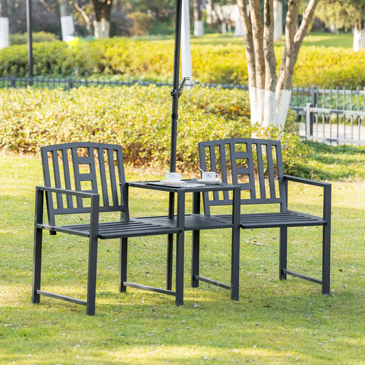Metal Outdoor Bench, 2-Seater with Middle Table, Umbrella Hole, Black Outdoor Benches Black at Gallery Canada