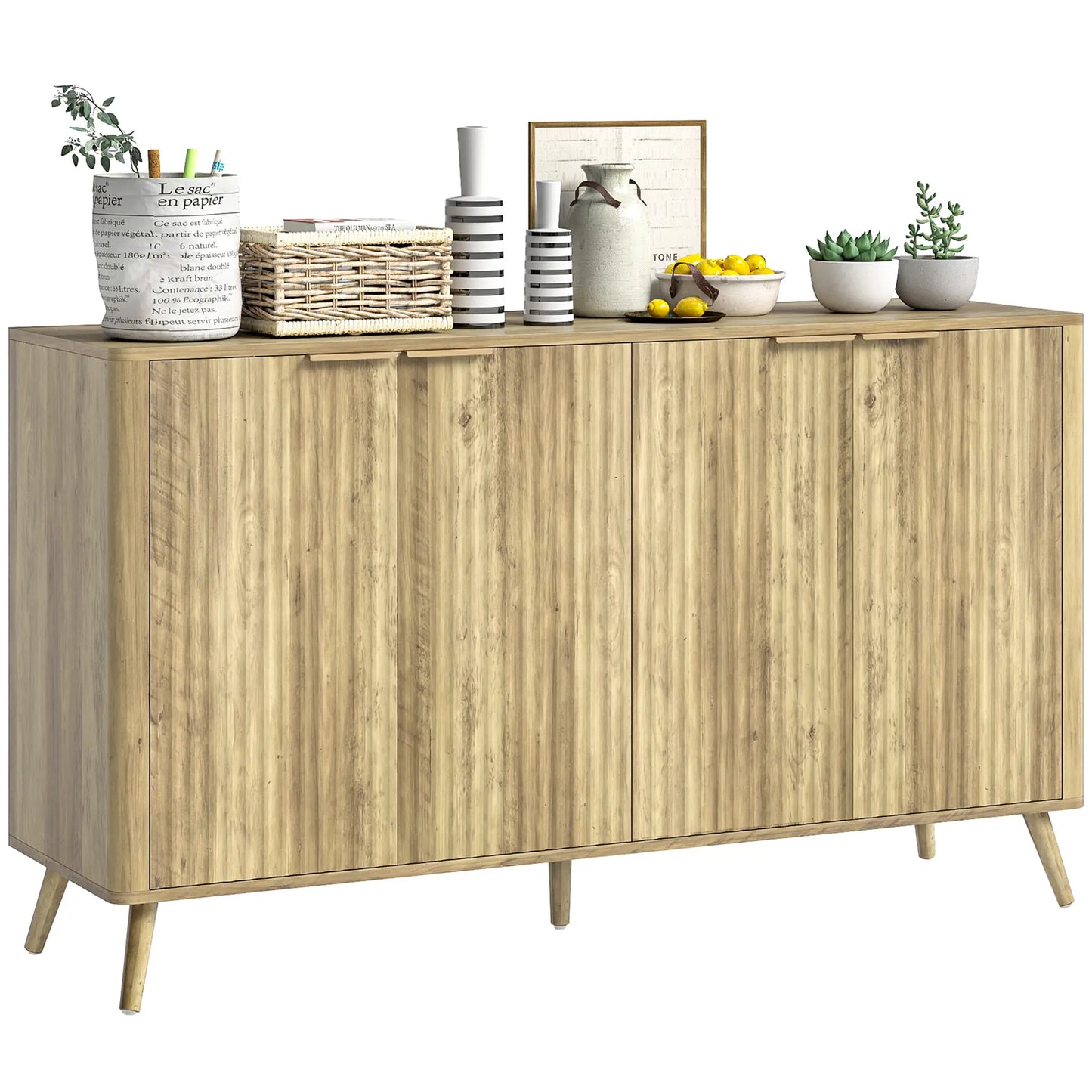 55" Modern Buffet Cabinet, 4 Fluted Doors, 2 Adjustable Shelves, White Storage Cabinets at Gallery Canada