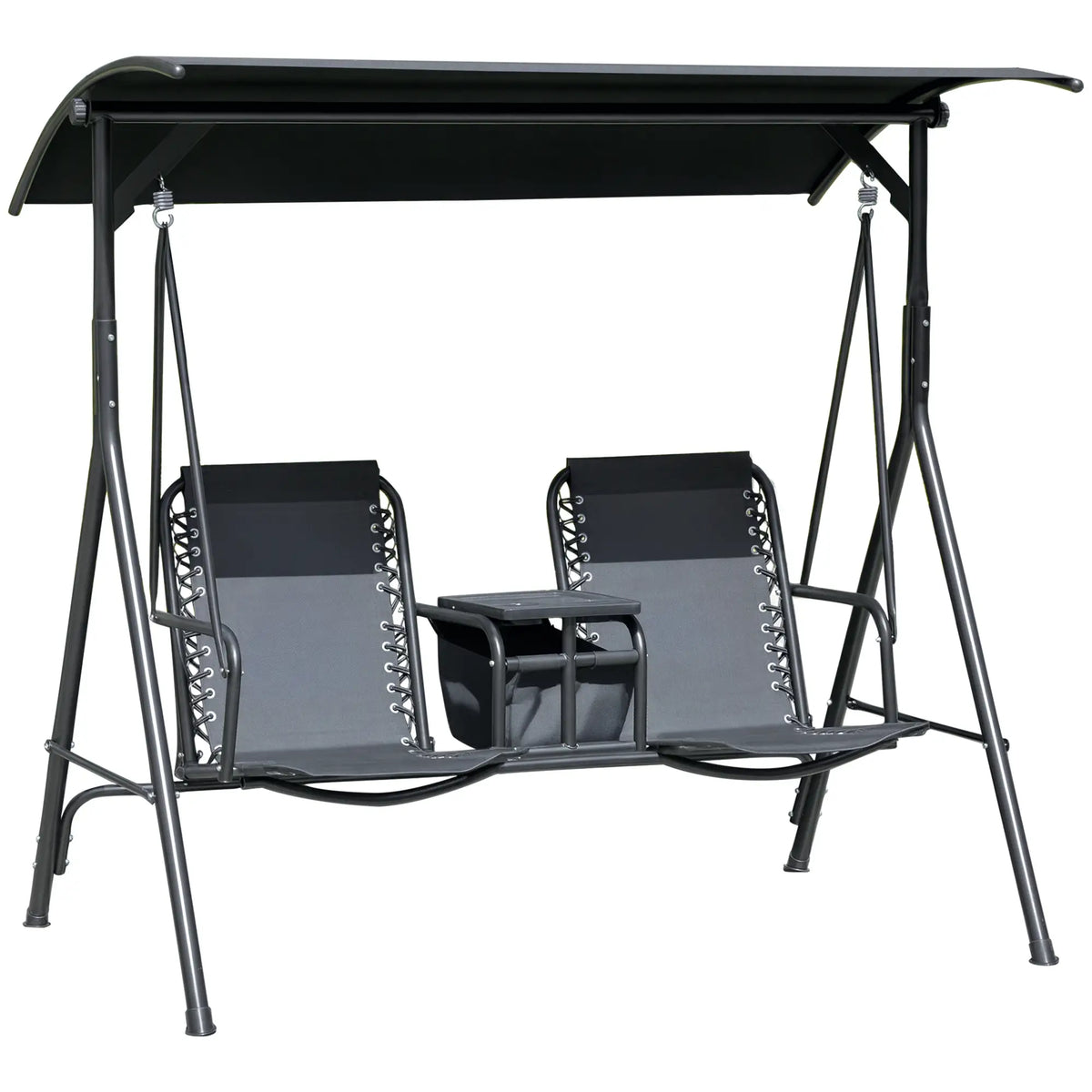 2 Person Porch Swing with Storage Table, Cup Holder, Canopy, Black Patio Swings with Stand at Gallery Canada