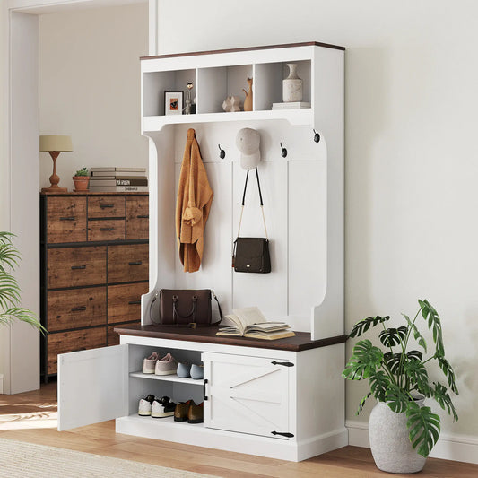 3-in-1 Hall Tree, Bench, Coat Rack with Shoe Storage, White Wood Grain, White Clothing Storage White Wood Grain, Oak Wood Grain at Gallery Canada