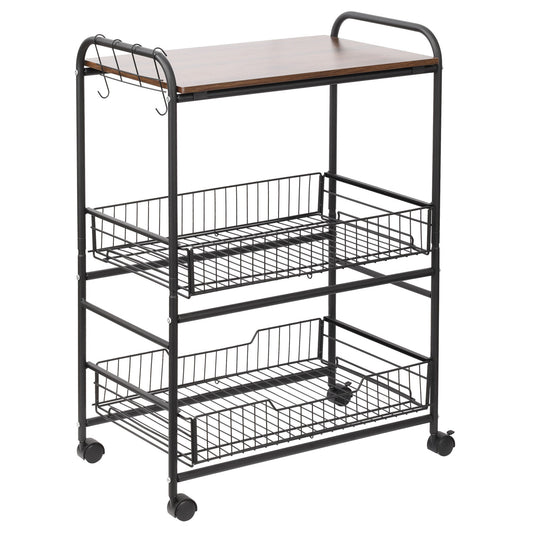 Rolling Kitchen Cart, 3-Tier Utility Storage Cart with 2 Basket Drawers &; Side Hooks, Lockable Casters for Dining Room at Gallery Canada