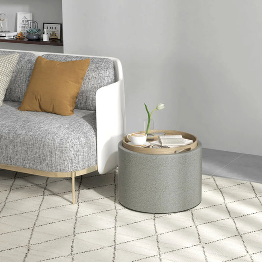 Round Coffee Table, Hidden Storage, Tray Top, Upholstered Footrest, Linen Coffee Tables Grey at Gallery Canada