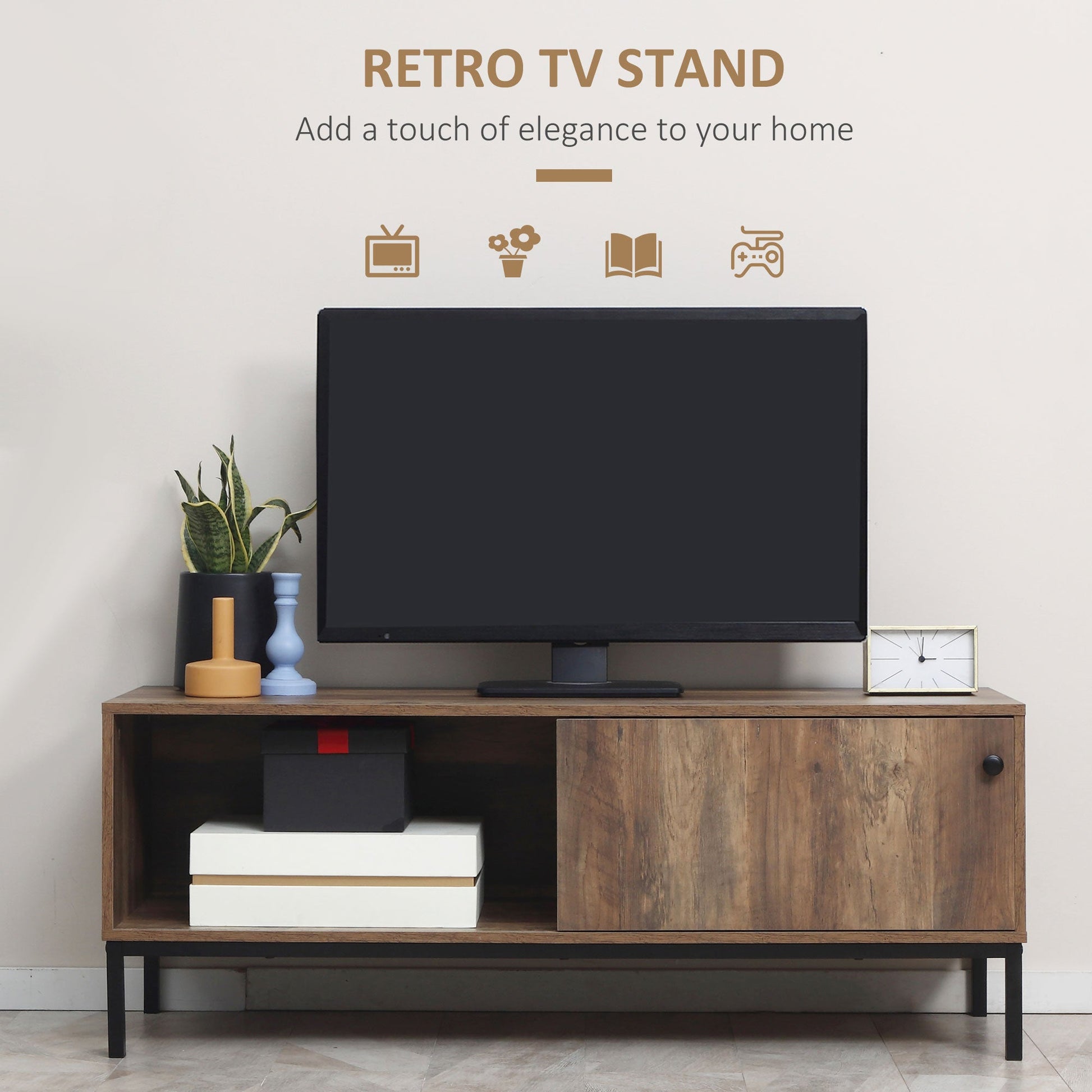 Retro TV Cabinet for TVs up to 50", TV Stand with Compartment and Adjustable Shelf, Media Console with Sliding Door for Living Room, Coffee at Gallery Canada