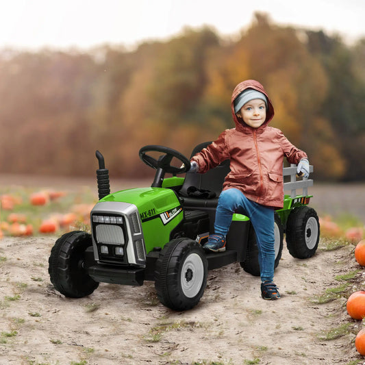 12V Kids Ride on Tractor with Trailer, Remote Control, Music, LED Lights, Green Electric Toy Cars Green, Grey, Black at Gallery Canada