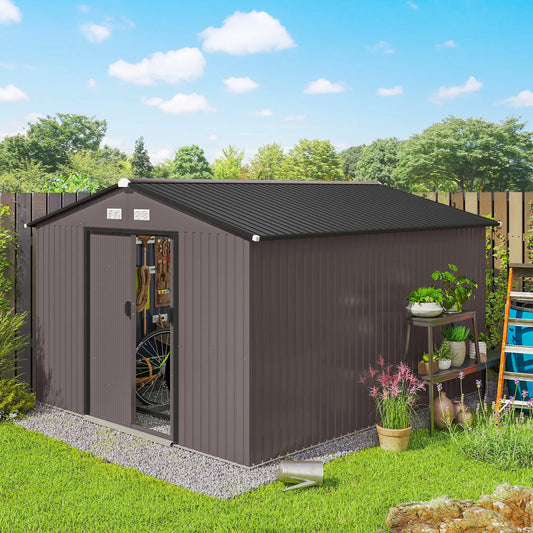 9' x 10.6' Garden Storage Shed, Foundation Kit, Metal Tool House, Double Doors, Brown Sheds Brown at Gallery Canada