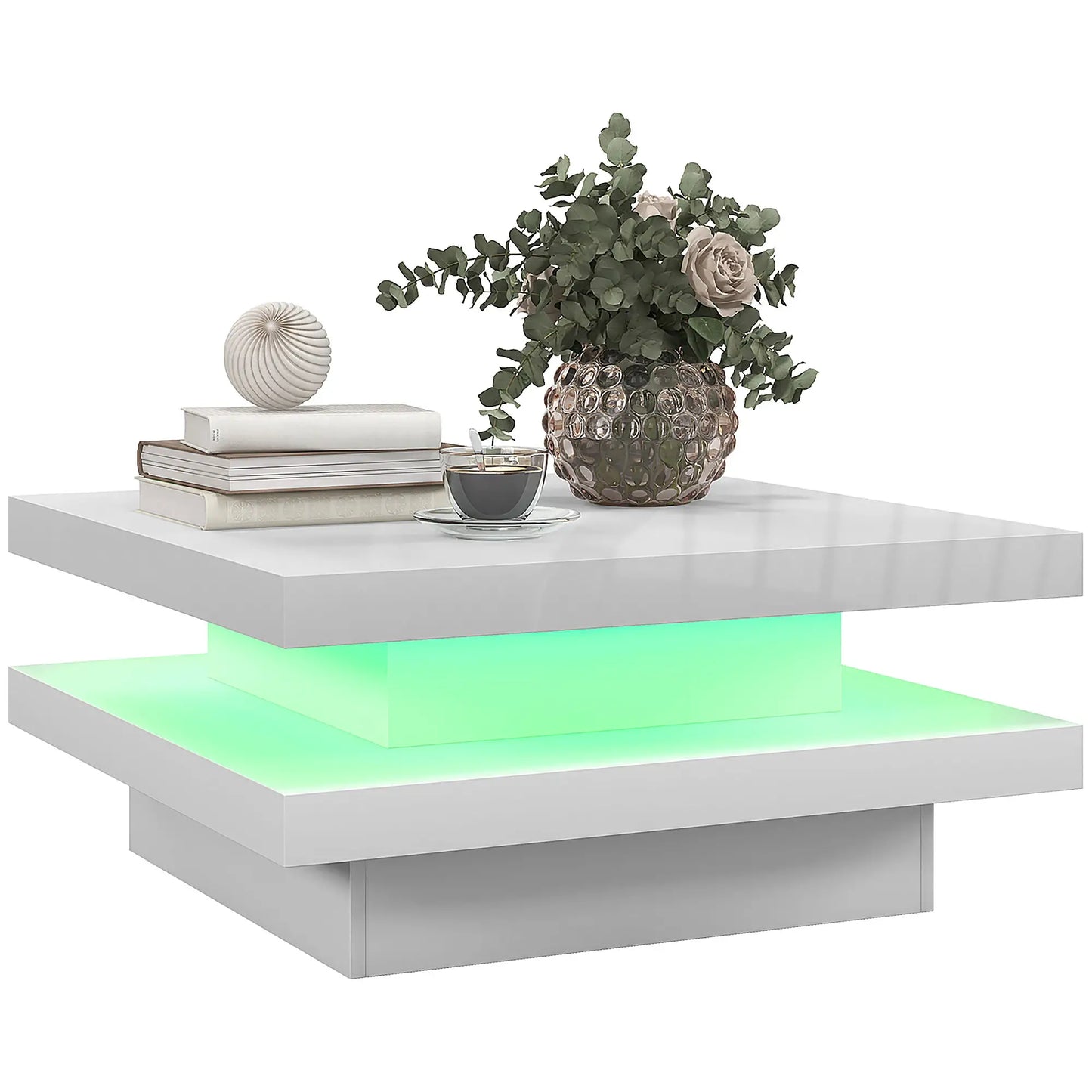 Square Coffee Table, 2-Tier with 7 LED Lights, Remote, White Coffee Tables at Gallery Canada