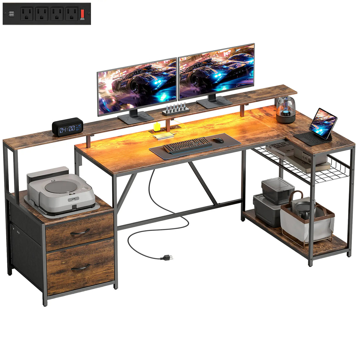 76" Gaming Desk, RGB Lights, USB Ports, Monitor Stand, Rustic Brown Gaming Desks at Gallery Canada
