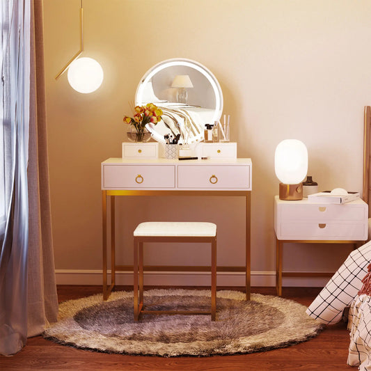 Makeup Vanity Table, 3-Color Dimmable Mirror, 4 Drawers, Stool, White Dressing & Vanity Tables White, Gold at Gallery Canada