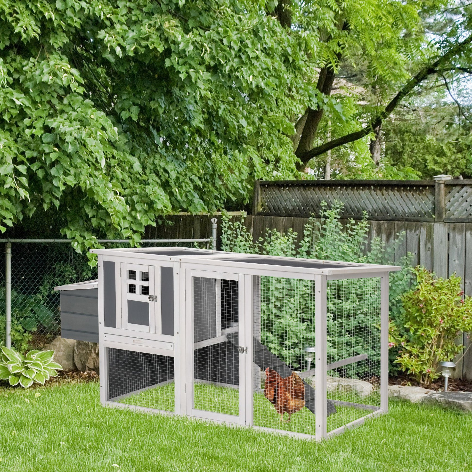 64" Wooden Chicken Coop, Outdoor Hen House Poultry Cage with Outdoor Run, Nesting Box, Removable Tray, Openable Hollow Sheet Roof and Lockable Doors at Gallery Canada