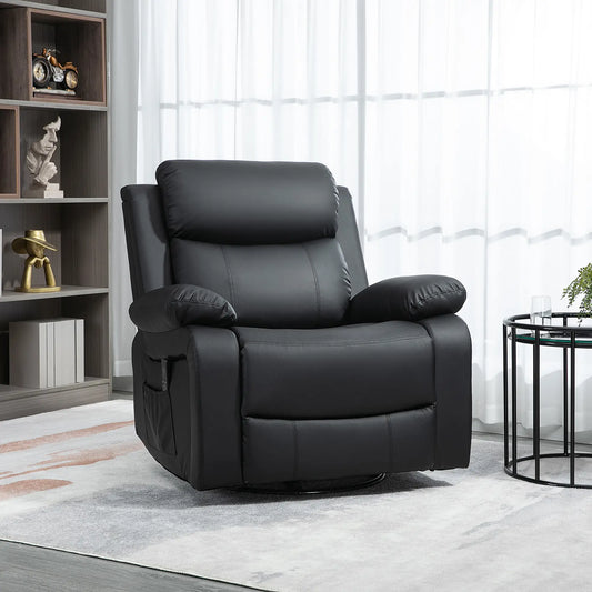 PU Leather Reclining Chair, Vibration Massage, Swivel Rocking, Remote, Black Single Sofas Black at Gallery Canada