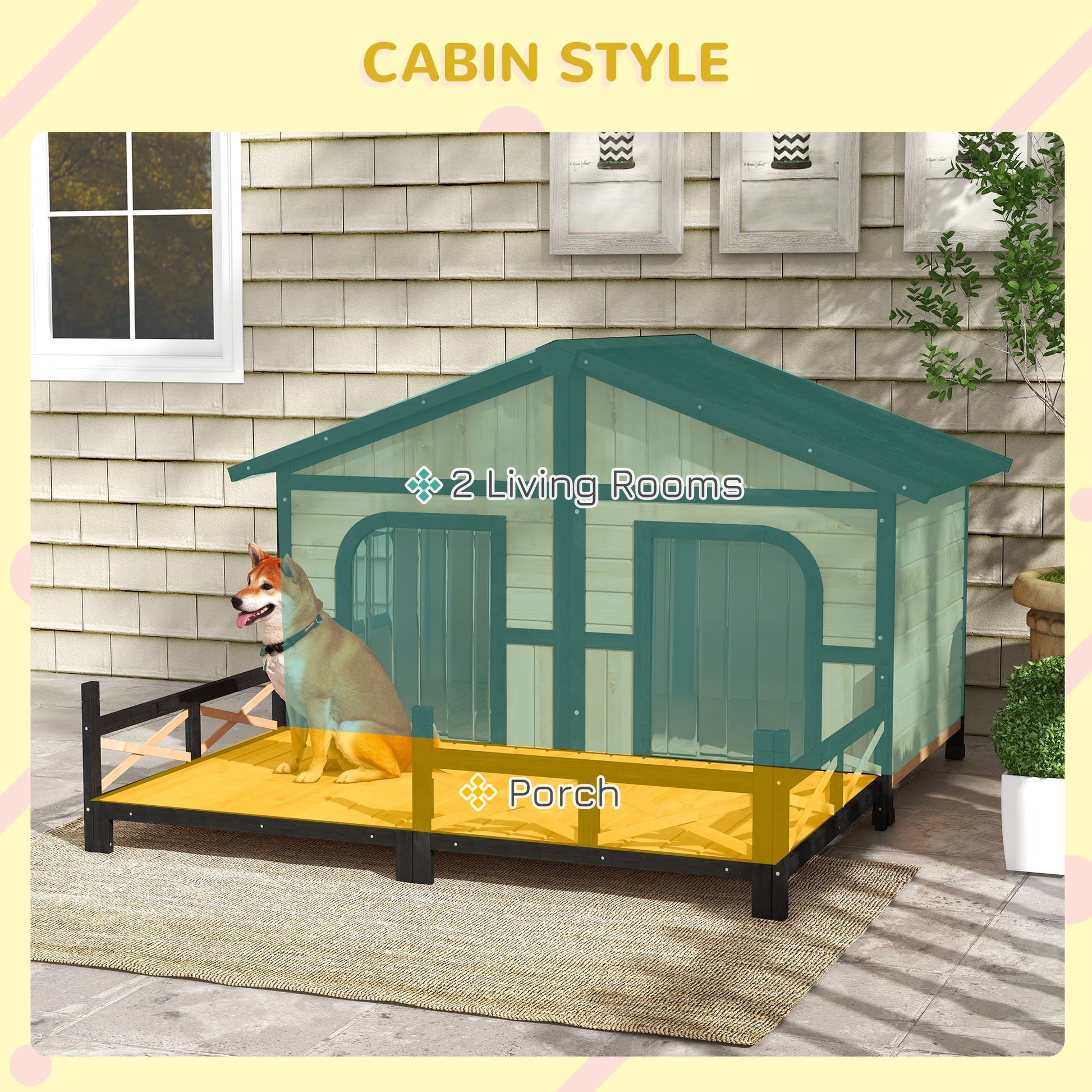 59"x64"x39" Wood Dog House Outdoor Cabin-Style Elevated Pet Shelter with Porch Deck, Beige at Gallery Canada