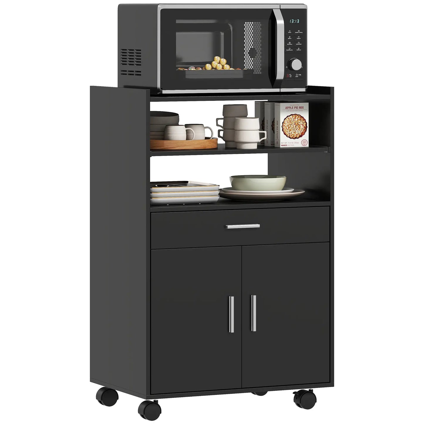 Microwave Cart with Wheels, Open Shelves and Drawer, Black Kitchen Islands & Kitchen Carts at Gallery Canada