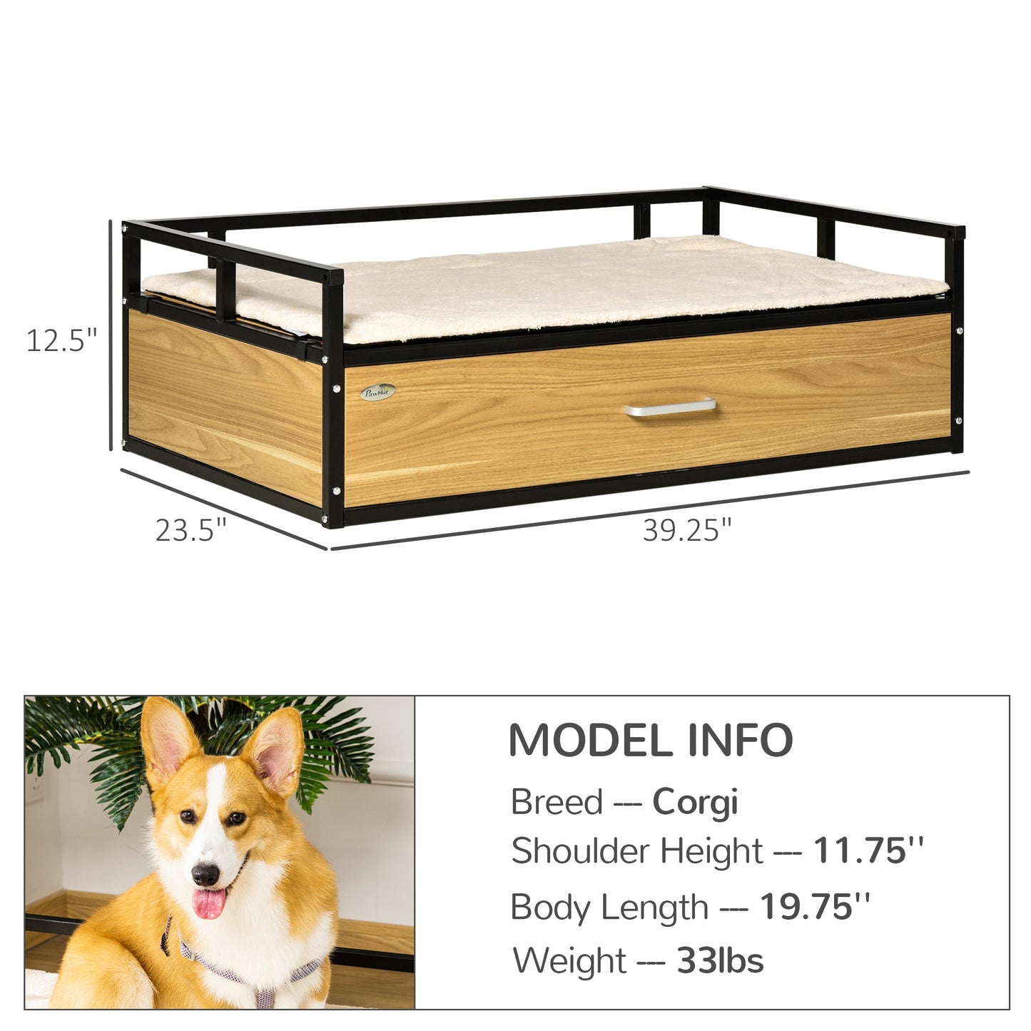 39.25" Elevated Dog Bed, Furniture Style Pet Couch, Soft Modern Puppy Sofa, with Storage Drawer, Washable Cushion, Steel Frame, for Medium Dogs, Oak at Gallery Canada