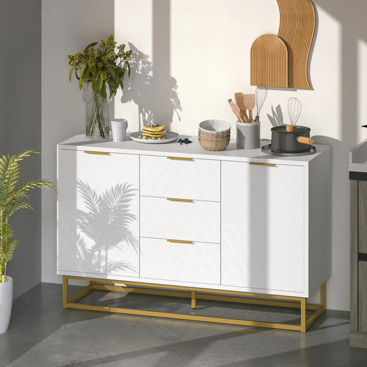 47" Sideboard Buffet Cabinet, Adjustable Shelves, Metal Legs, White