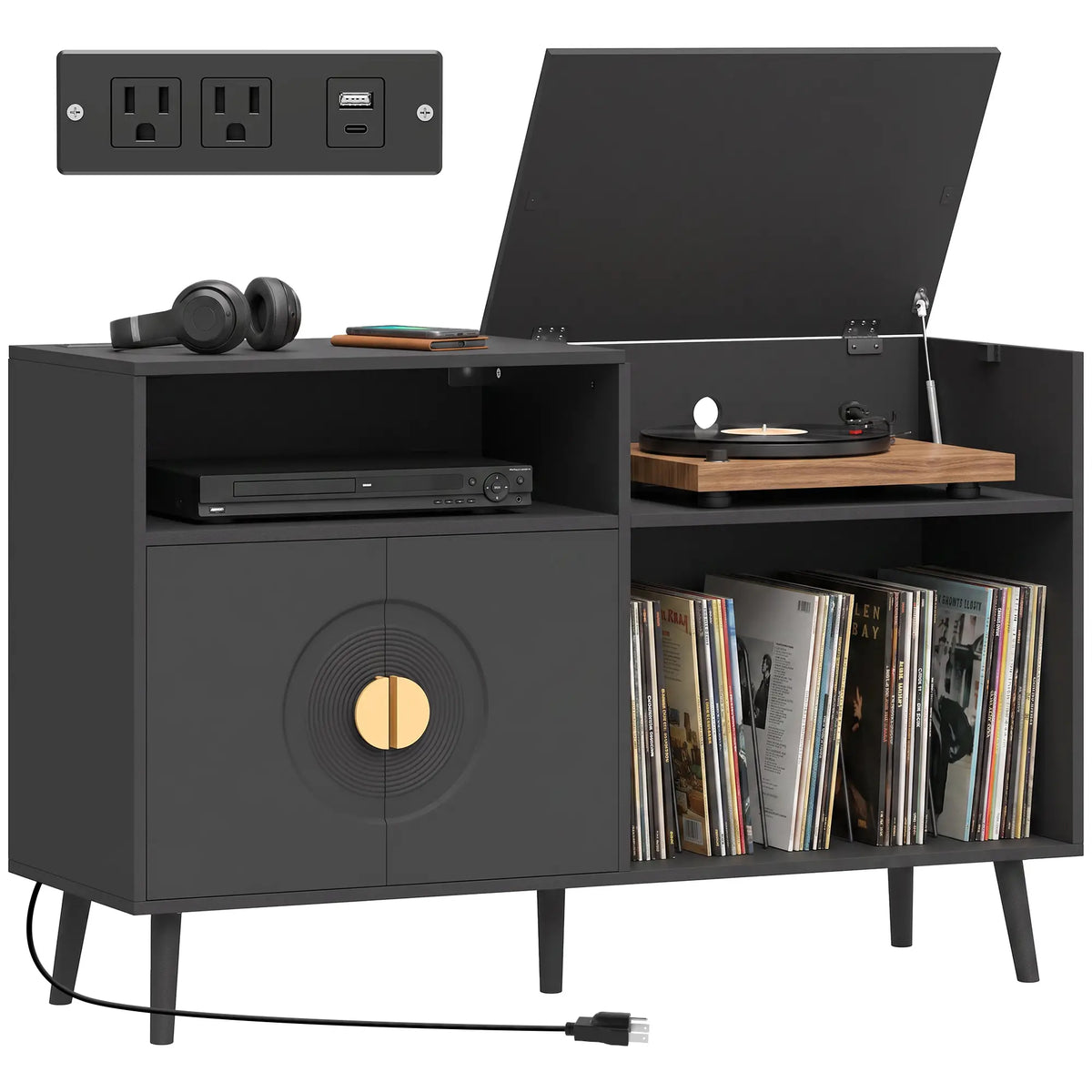 Support de tourne-disque avec prises, rangement vinyle contenant 300 albums, noir