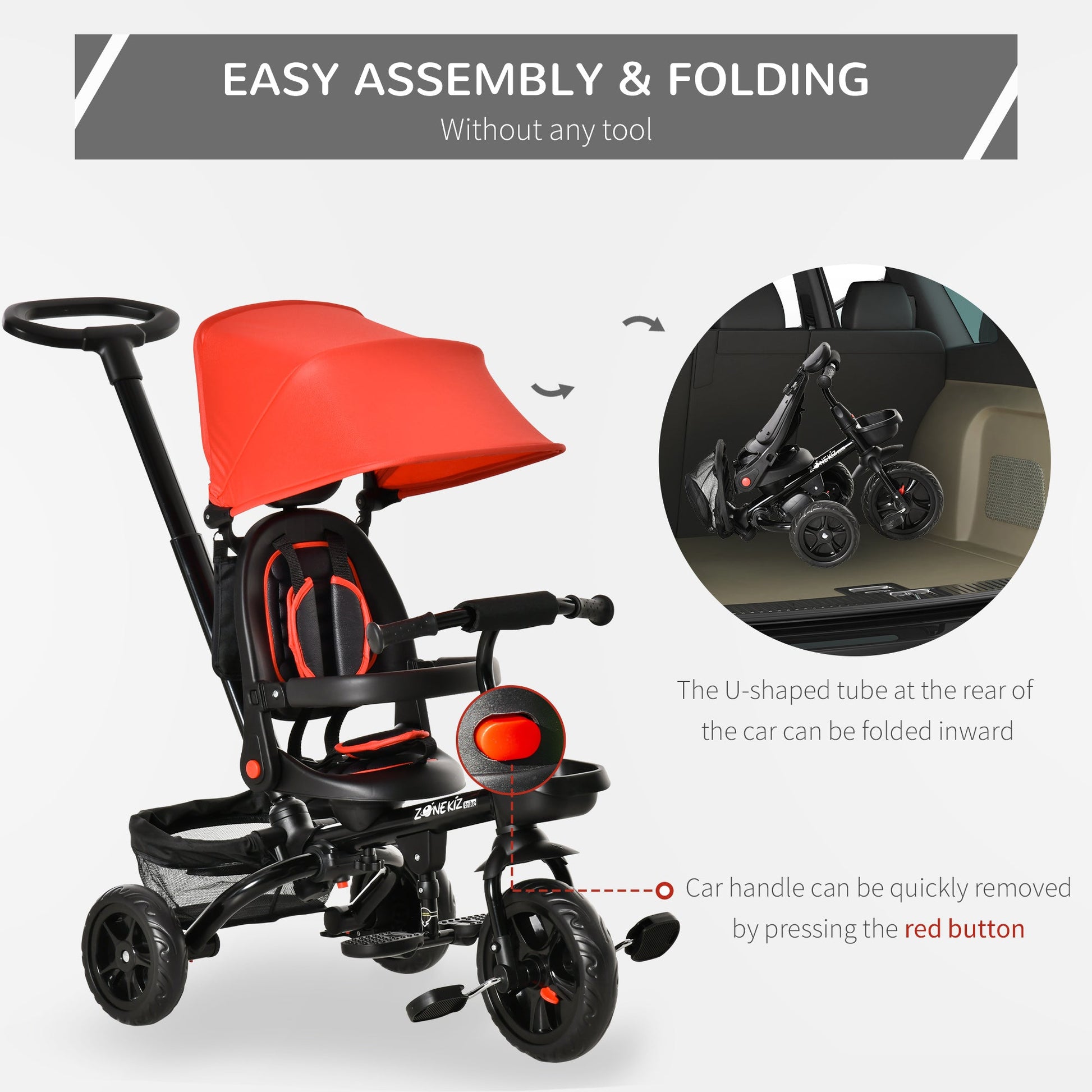 Baby Tricycle 4 In 1 Trike w/ Reversible Angle Adjustable Seat Removable Handle Canopy Handrail Belt Storage Footrest Brake Clutch for 1-5 Years Old Red at Gallery Canada