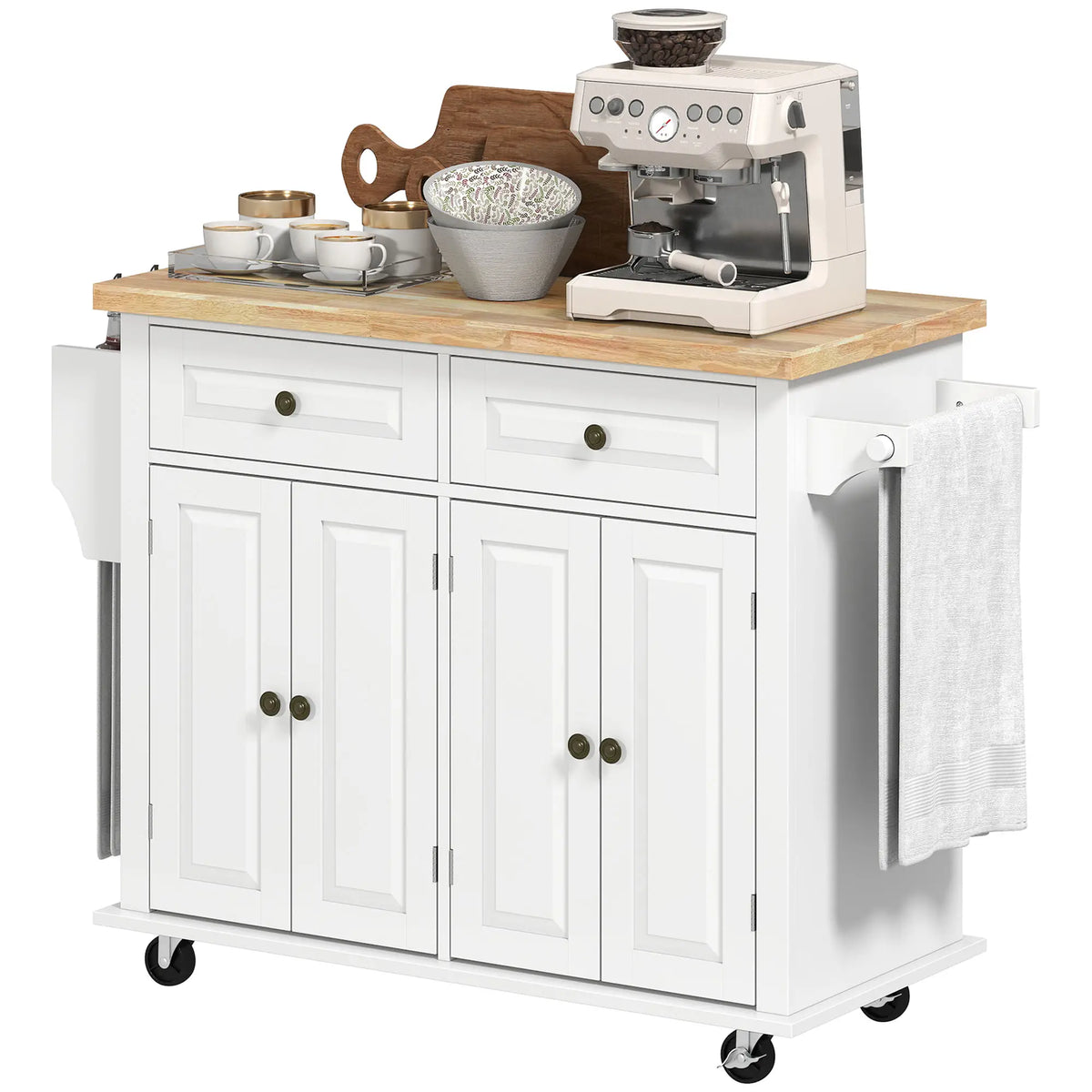Kitchen Island with Storage, Rolling Cart, Rubber Wood Top, Grey