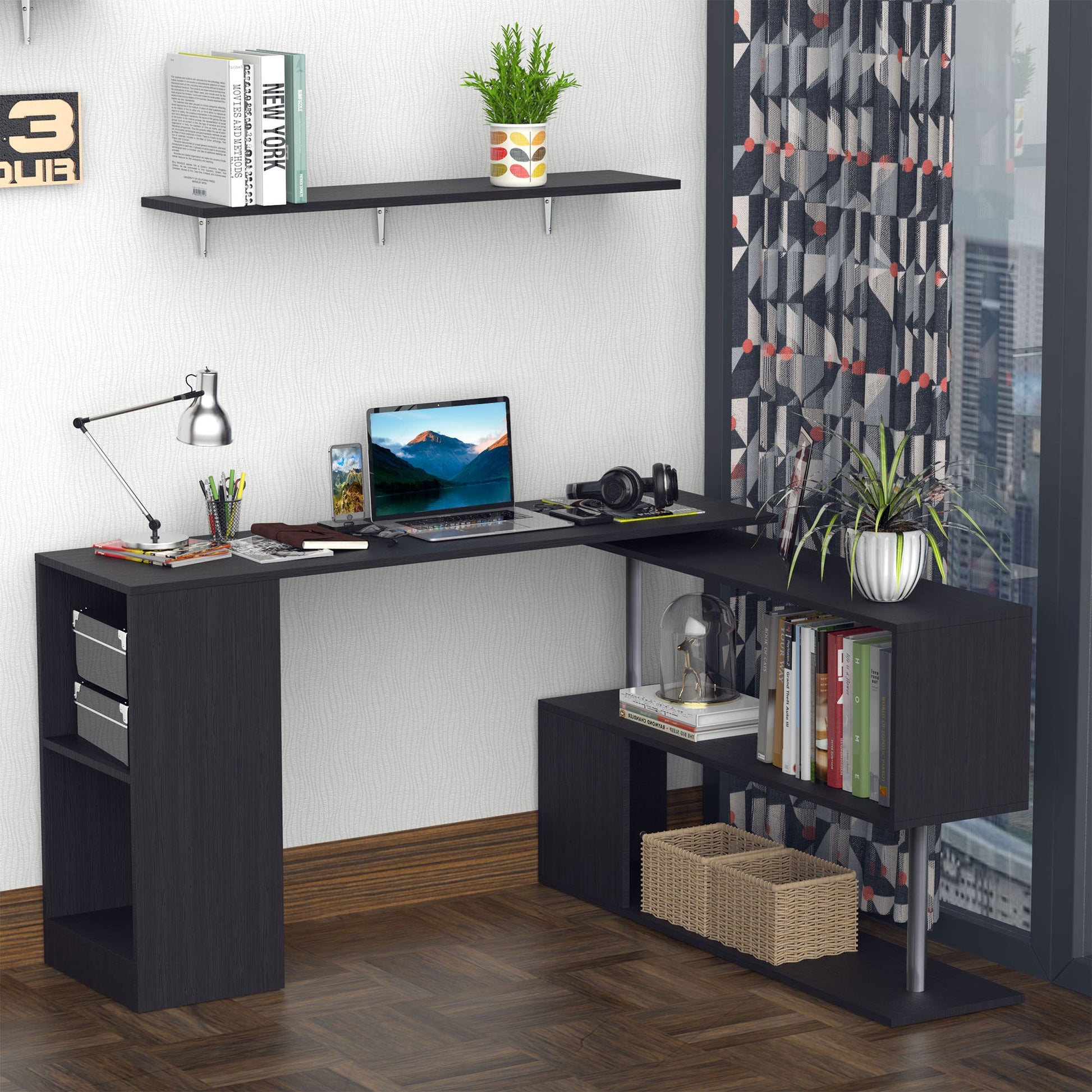 55" Corner Computer Desk, 360° Rotating L-Shaped Desk, Home Office Workstation with 3-Tier Shelves, Bookshelf, Black - Gallery Canada