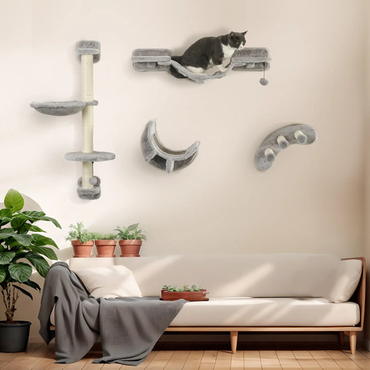 4Pcs Cat Wall Shelf with Scratching Post, Soft Ladder, Hammock, Grey Cat Climbing Wall Grey at Gallery Canada