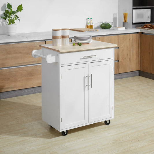 Mobile Kitchen Island Cart, Wooden Storage with Drawer, Towel Bar, White Kitchen Islands & Kitchen Carts White, Wood Grain Top at Gallery Canada