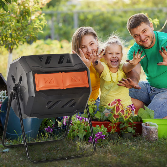 Dual Chamber Compost Bin, 43 Gallon, 360° Rotating, Orange Outdoor Compost Bin Orange at Gallery Canada