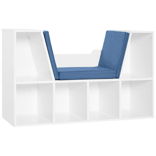 6-Cubby Kids Bookcase with Seat Cushion, Corner Bookcase with Reading Nook for Playroom, Home Office, Study, Blue