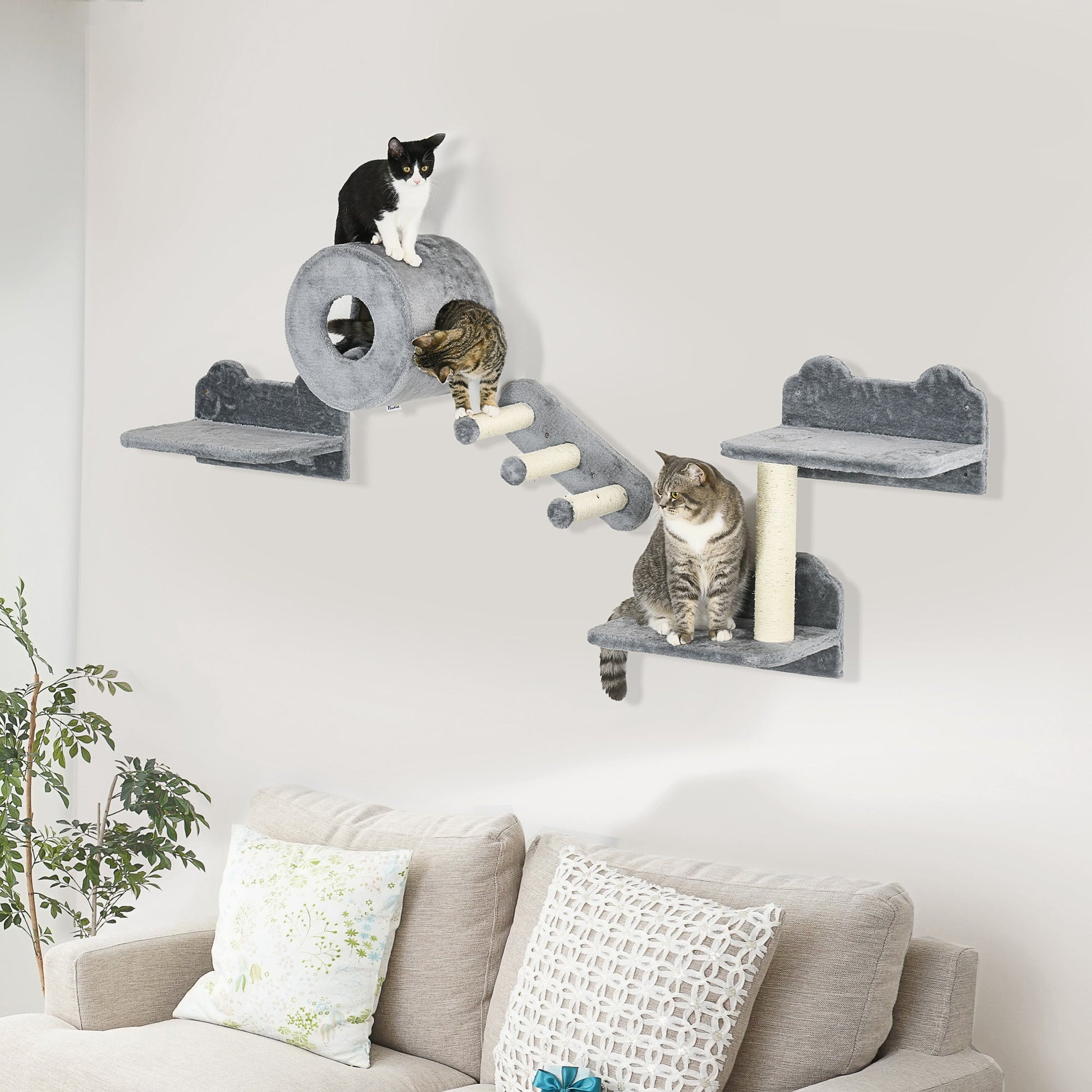 4 PCs 9.3" H Cat Wall Shelves, Pet Wall-mounted Climbing Shelf Set, Kitten Activity Centre with Condo, Cushion, Scratching Post, Jumping Platform, Grey at Gallery Canada