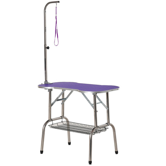 37" Foldable Pet Grooming Table Dog Drying Table with Adjustable Arm Non-Slip Rubber Tabletop Aluminium Alloy Edge Stainless Steel Bar Hanging Leash Purple - Gallery Canada