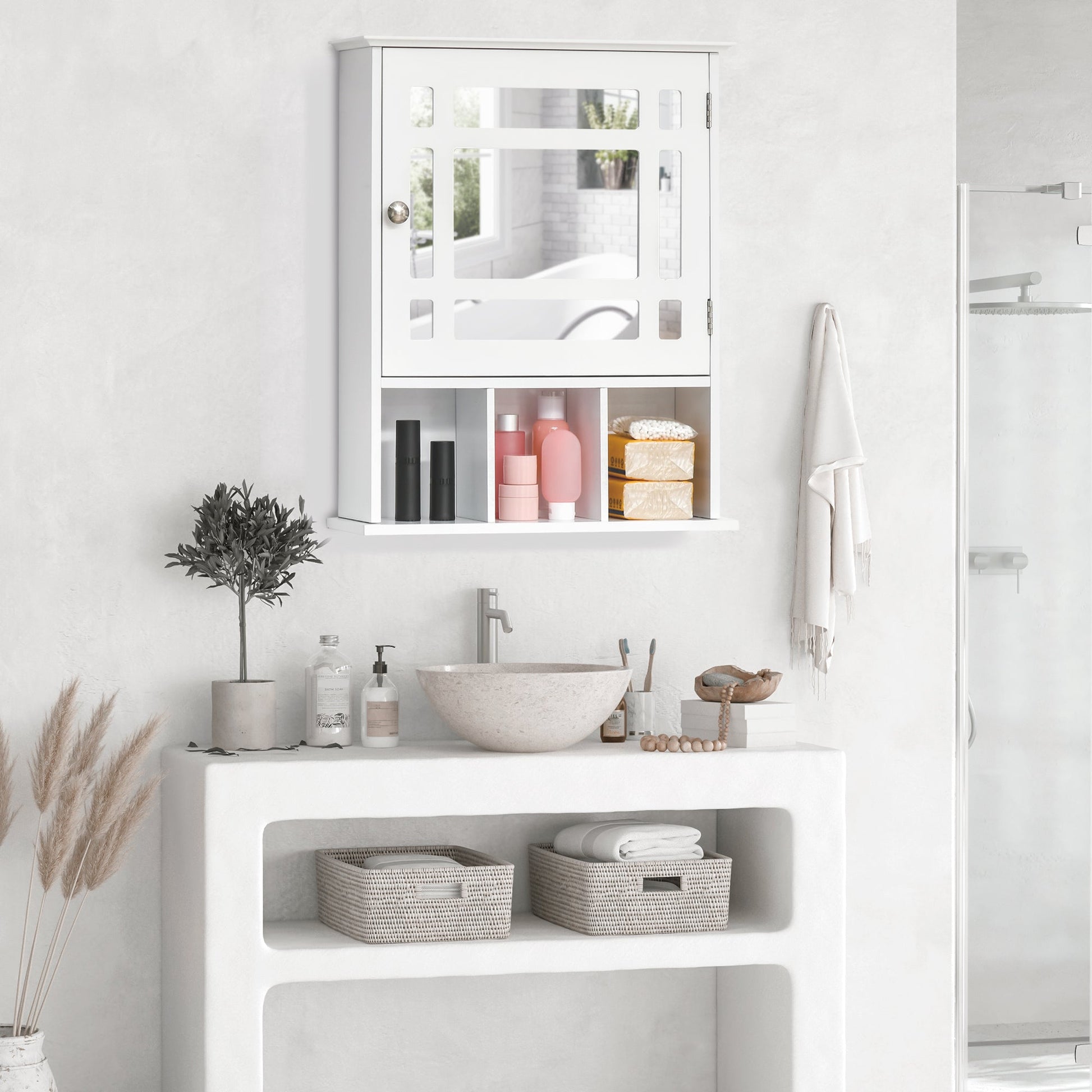 Bathroom Mirror Cabinet, Wall Mounted Medicine Cabinet, 3 Shelf Organizer for Kitchen, White at Gallery Canada