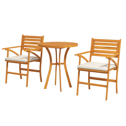 3 Piece Patio Set Small Patio Table and Chairs Wooden Outdoor Bistro Set w/ Cushions, Round Coffee Table, Brown