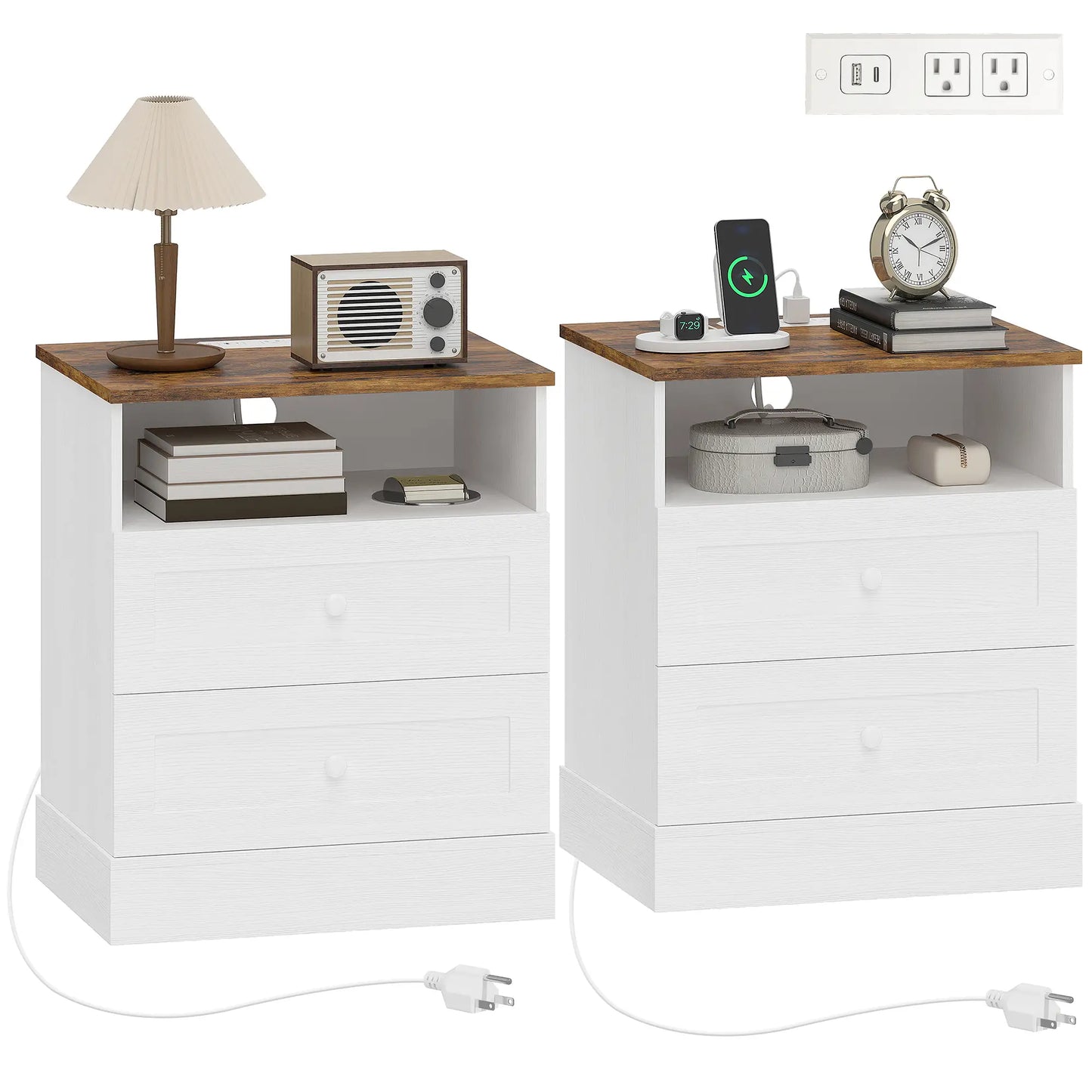 Nightstand with Charging Station 2 Drawers Bedside Table Set of 2 White and Oak