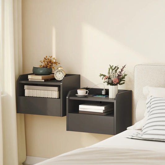 Wall Mounted Bedside Table, Set of 2 with Charging Station, Black Bedside Tables Black at Gallery Canada