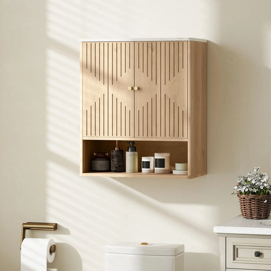 Wall Mounted Medicine Cabinet, Adjustable Shelf, Oak, Marble Top
