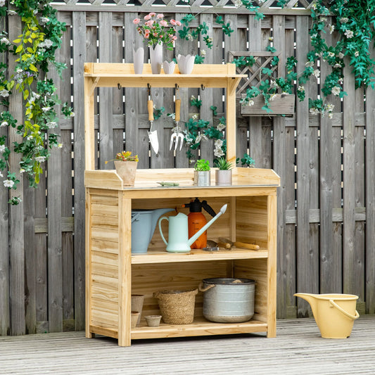 Wooden Potting Bench, Galvanized Metal Tabletop, Storage Shelves, Hooks