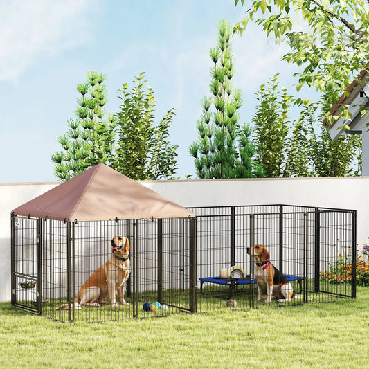 Outdoor Dog Kennel, Rotating Adjustable Bowls, Waterproof UV Cover, 11.3' x 4.7' x 5.1' Houses, Kennels & Pens Coffee at Gallery Canada