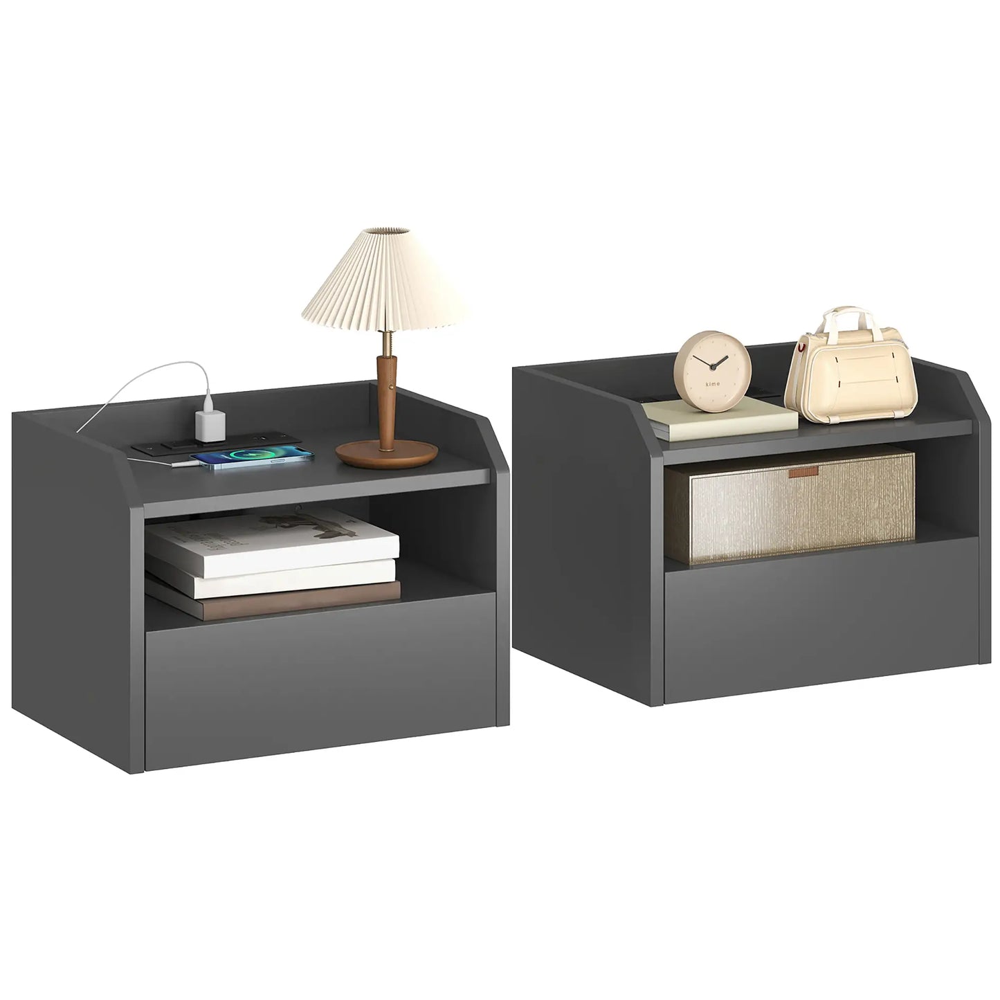 Wall Mounted Bedside Table, Set of 2 with Charging Station, Black Bedside Tables at Gallery Canada