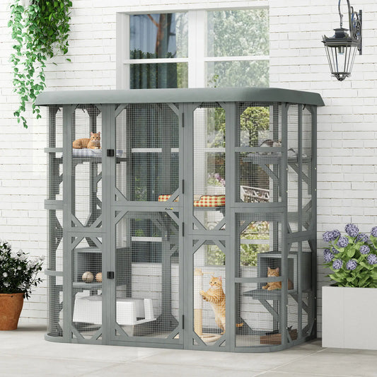 71" Wooden Cat Enclosure, With Platforms And Condos, Grey Outdoor Cat Enclosures Grey at Gallery Canada