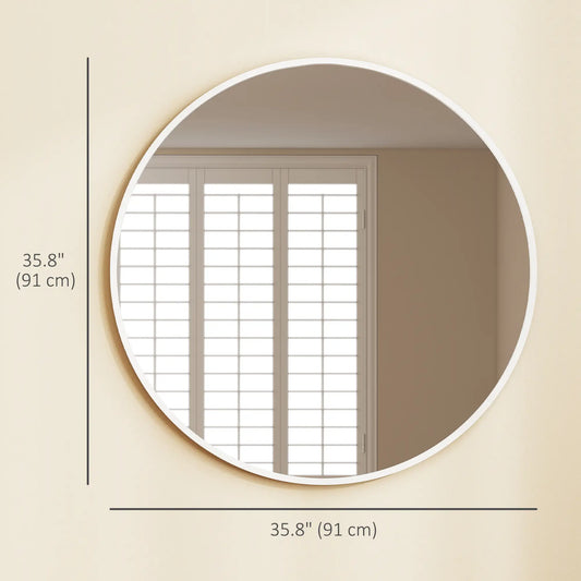 36" Round Mirror, Metal Frame, Bathroom Wall Mirror, White
